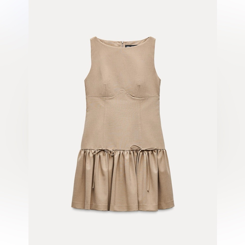 ZARA Short Dress with Bows - Mid-Camel